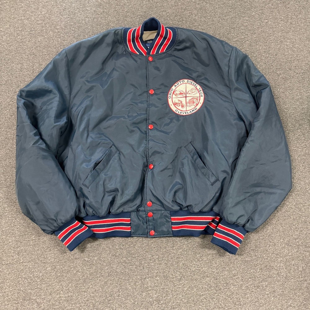 90s Holloway Bomber Jacket Mens XL Navy Blue Good Ohio Auto Diesel Tech Satin